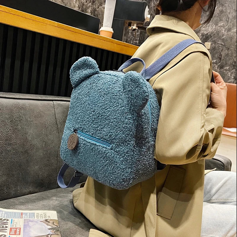 Cute Furry Bear Style Backpack Women Sweet Travel Backpack Bag