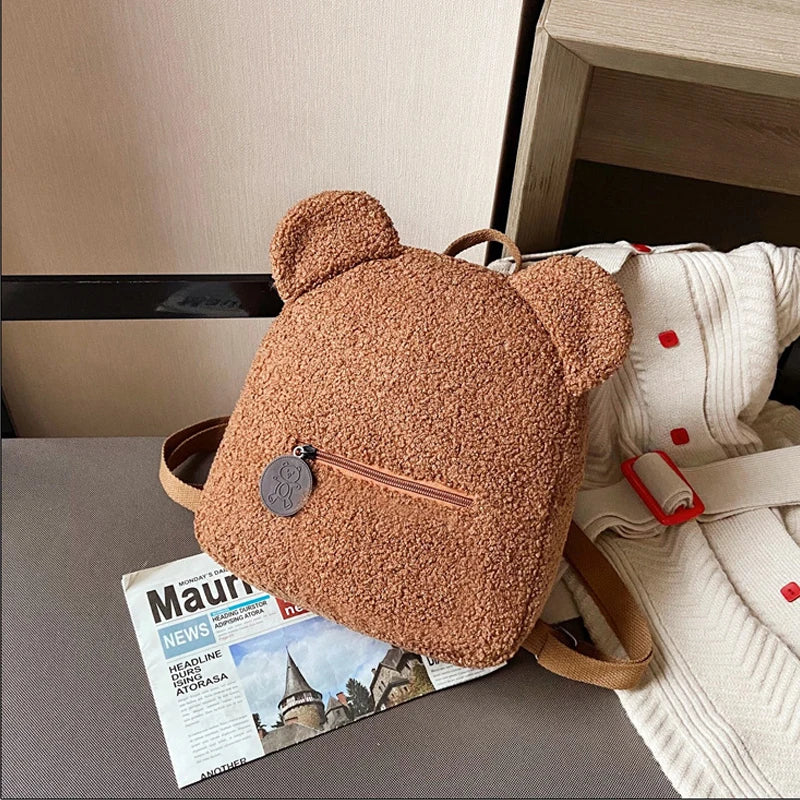 Cute Furry Bear Style Backpack Women Sweet Travel Backpack Bag