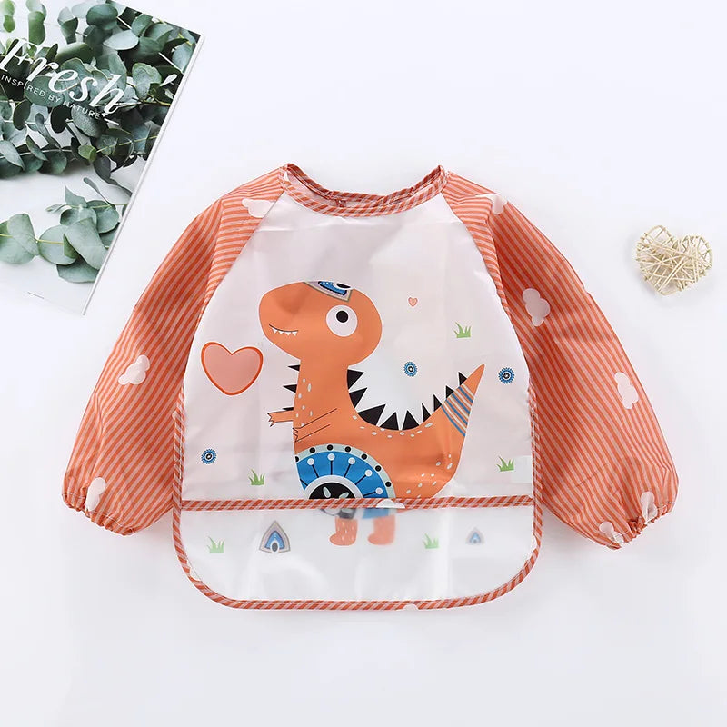 Baby Bibs Cute Colorful Cartoon Waterproof Bib Infant Eating Children Drawing Long Sleeve Pocket Apron Self Feeding Baby 0-3Y